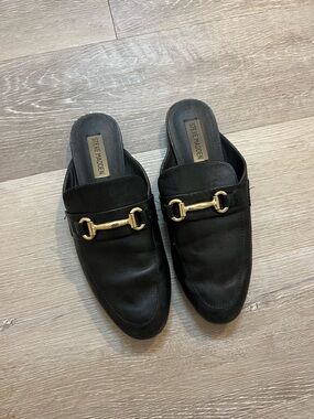 Steve Madden Black Leather Backless Loafers with Gold Horsebit